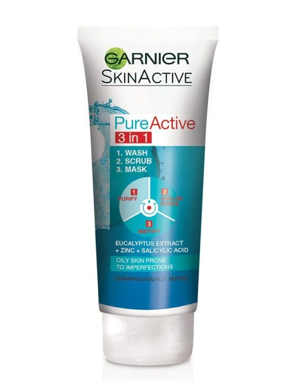 3 In 1 Garnier Skin Natural Pure Active Wash + Scrub + Mask