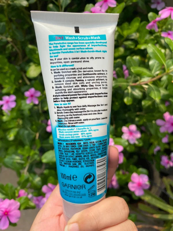 3 In 1 Garnier Skin Natural Pure Active Wash + Scrub + Mask